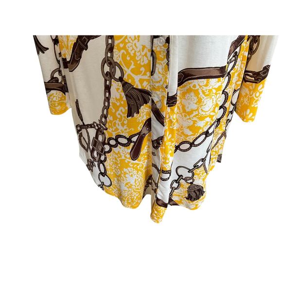 Timing Womens 1X Yellow White Blouse Chain Print Button Up Long Sleeve Top - Picture 11 of 11